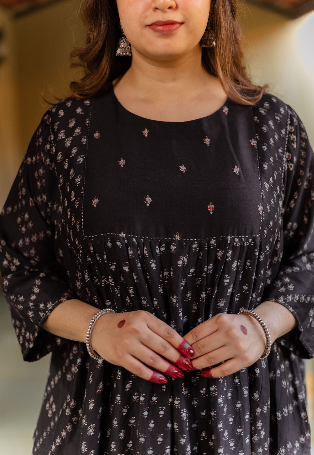 Melina Black Ajrakh Chanderi Silk Jhabbha Kali Kurta with Hand Embroidery