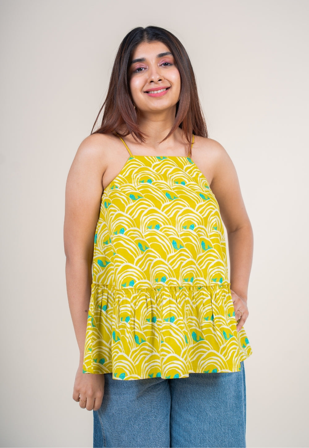 Sarya Lime Green Printed Cotton A Line Short Top