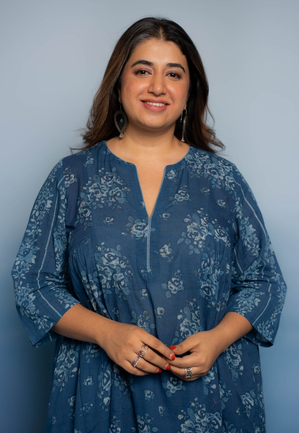 Drishti Blue Dabu Mul Cotton Kali Kurta