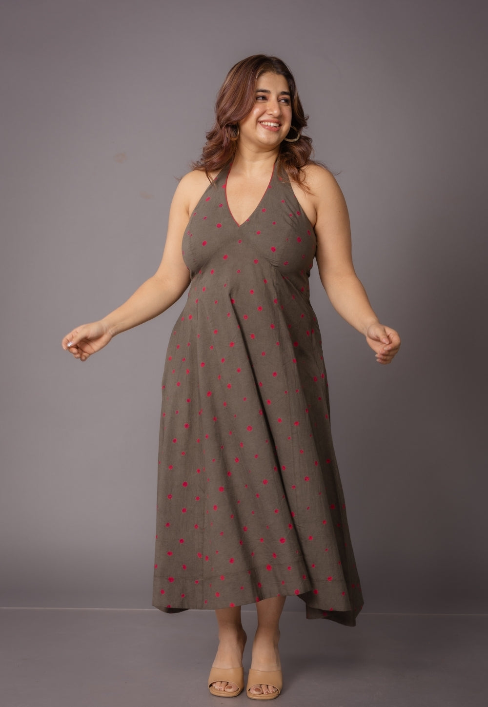 Priti Grey Bandhani Cotton A Line Dress