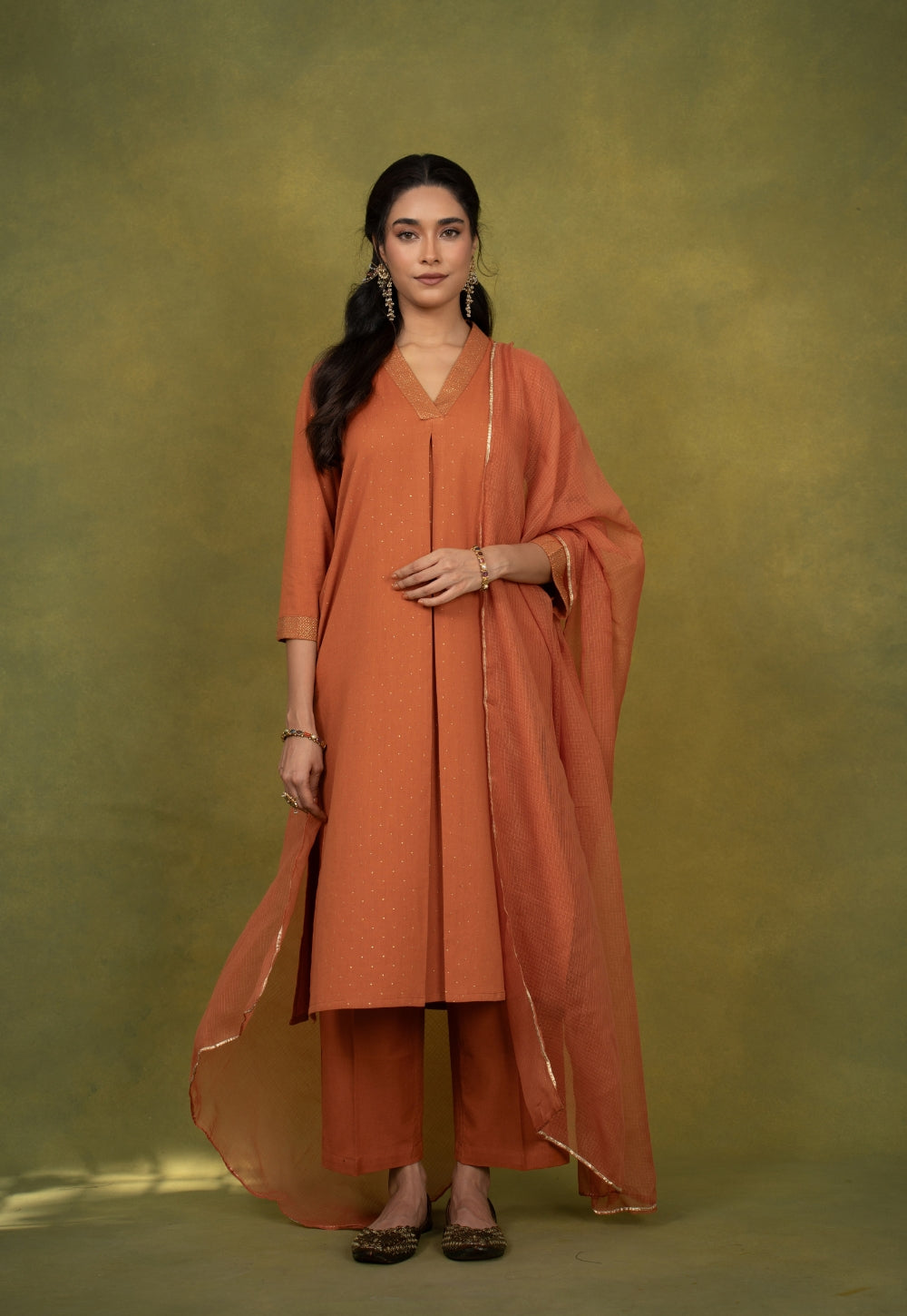 Sakhi Orange Rogan Handblock Printed Cotton Straight Kurta Suit Set (Set of 3)