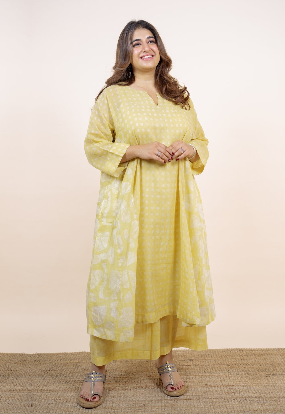 Fara Yellow Batik MulMul Jhabbha Kali Kurta