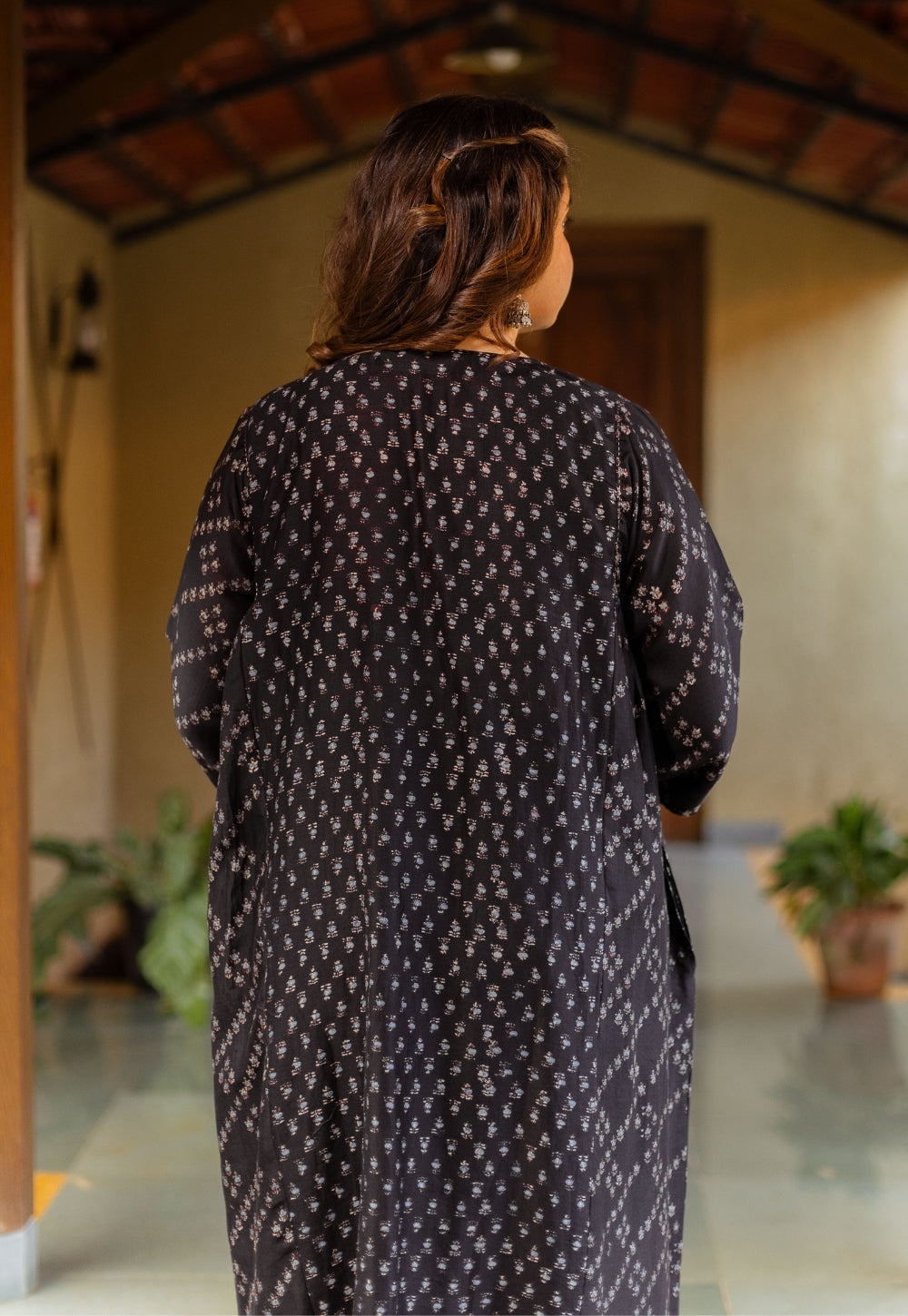 Melina Black Ajrakh Chanderi Silk Jhabbha Kali Kurta with Hand Embroidery