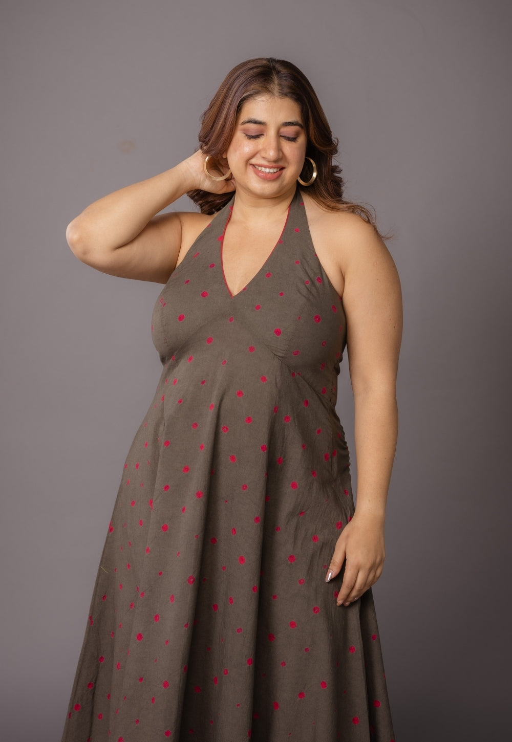 Priti Grey Bandhani Cotton A Line Dress