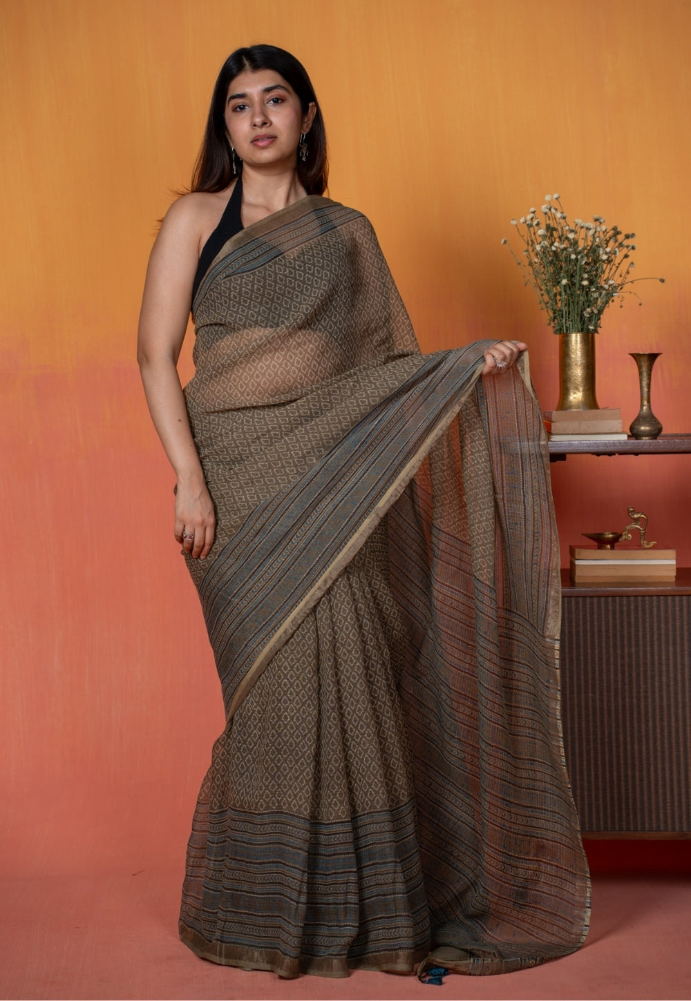 Grey Floral Border Ajrakh Hand Block Print Kota Doria Cotton Saree