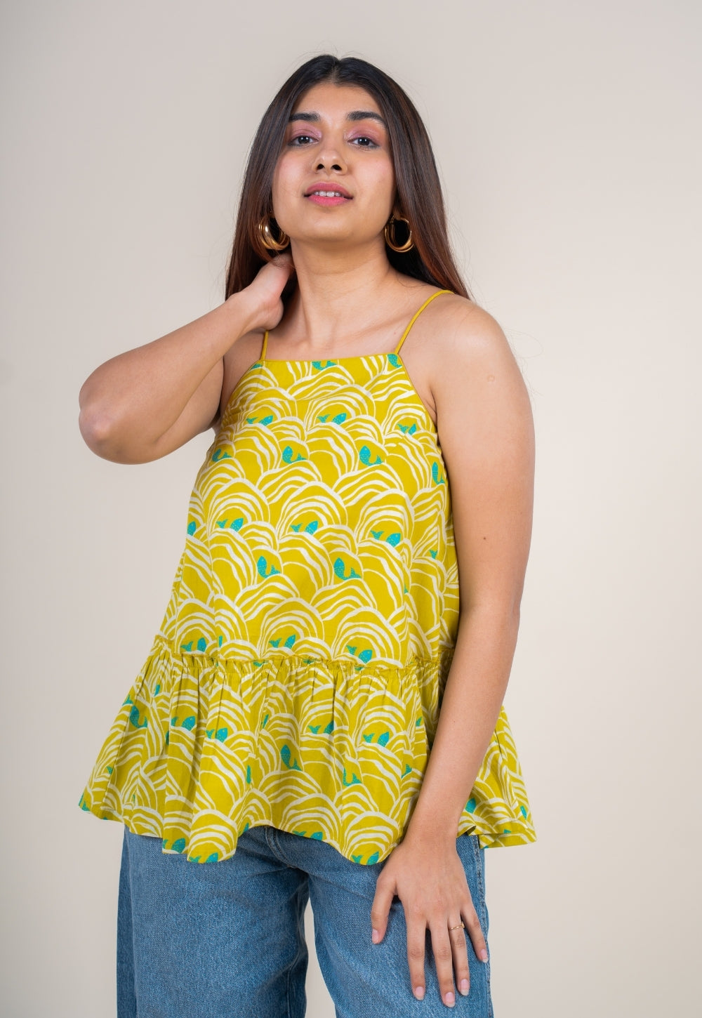 Sarya Lime Green Printed Cotton A Line Short Top