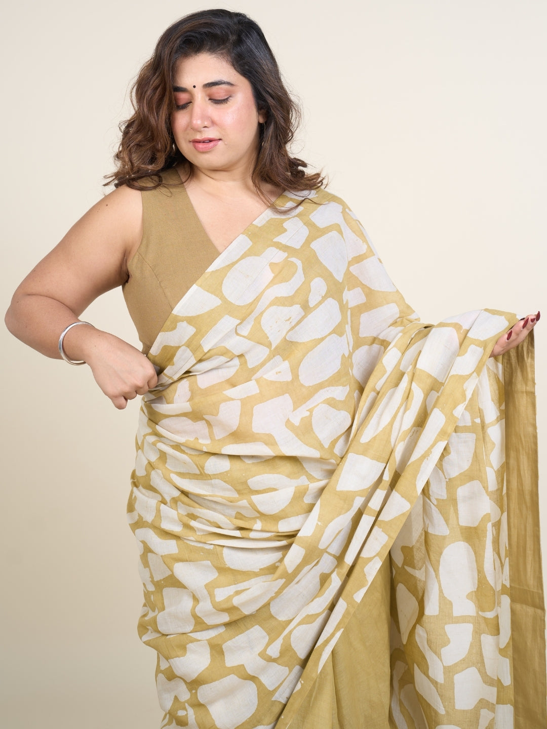 Sabiha Green Batik Hand Block Print Mul Cotton Saree with Embroidery