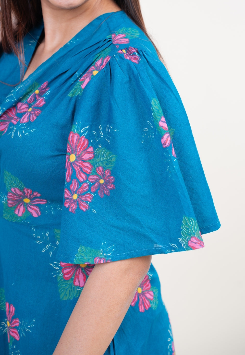 Nitya Ink Blue Printed Mul A Line Dress with Slip