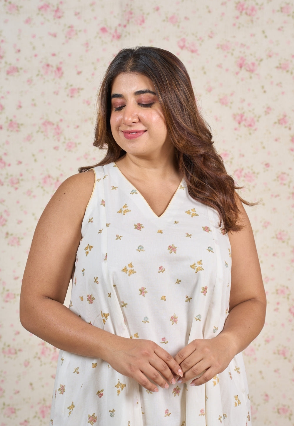 Sophia White Sanganeri Mul Cotton A Line Dress