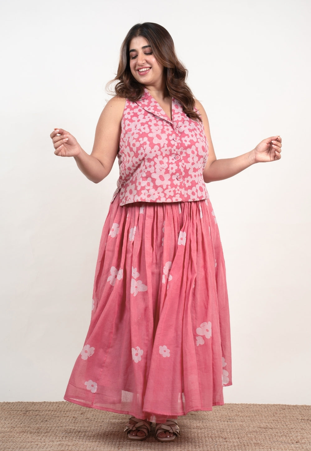 Ishani Pink Batik MulMul Straight Waistcoat Top