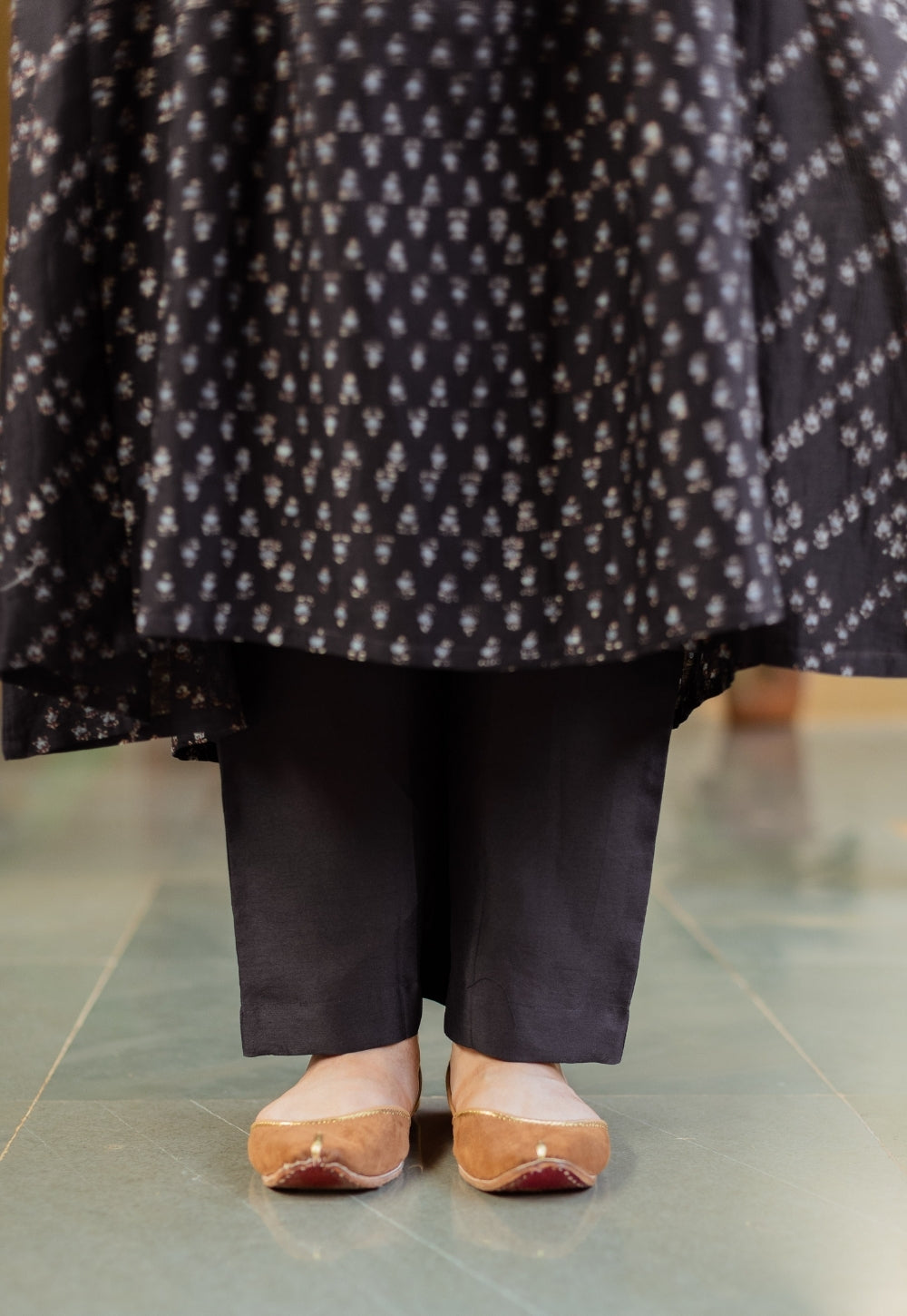 Melina Black Ajrakh Chanderi Silk Jhabbha Kali Kurta with Hand Embroidery