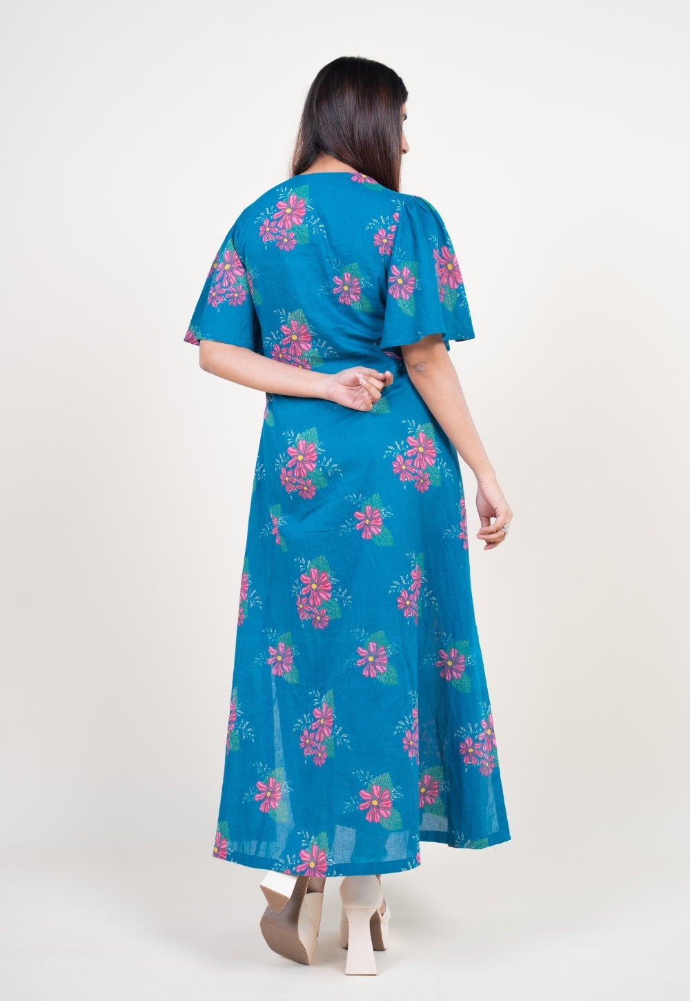 Nitya Ink Blue Printed Mul A Line Dress with Slip