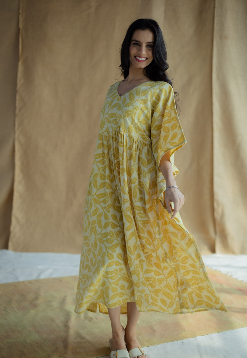 Ifrah Mustard Hand Block Print Slub Cotton Anti-Fit Kaftan