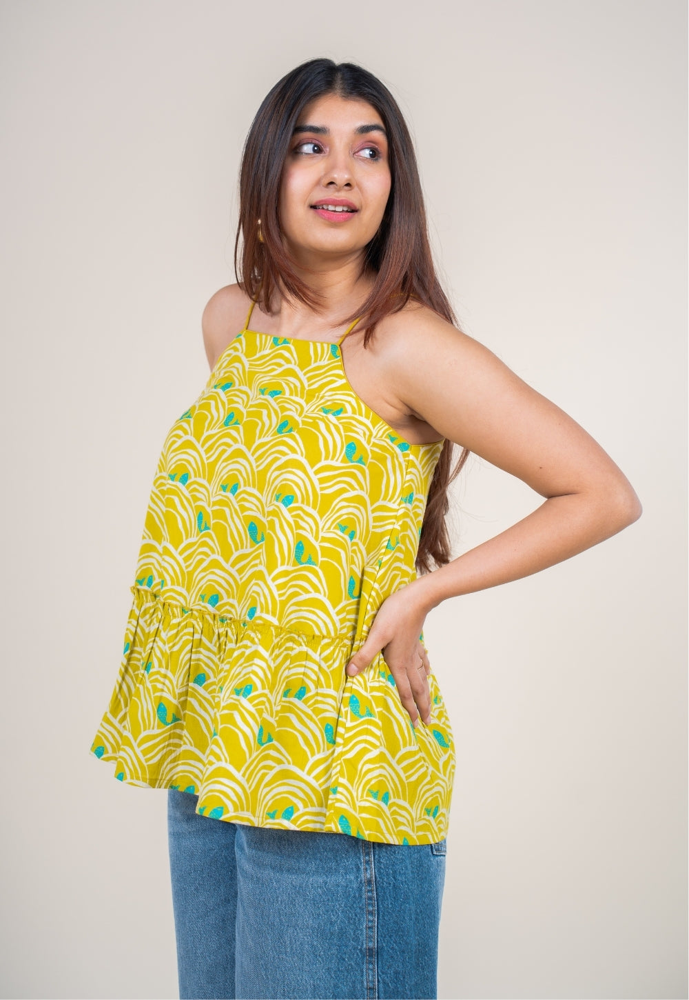 Sarya Lime Green Printed Cotton A Line Short Top