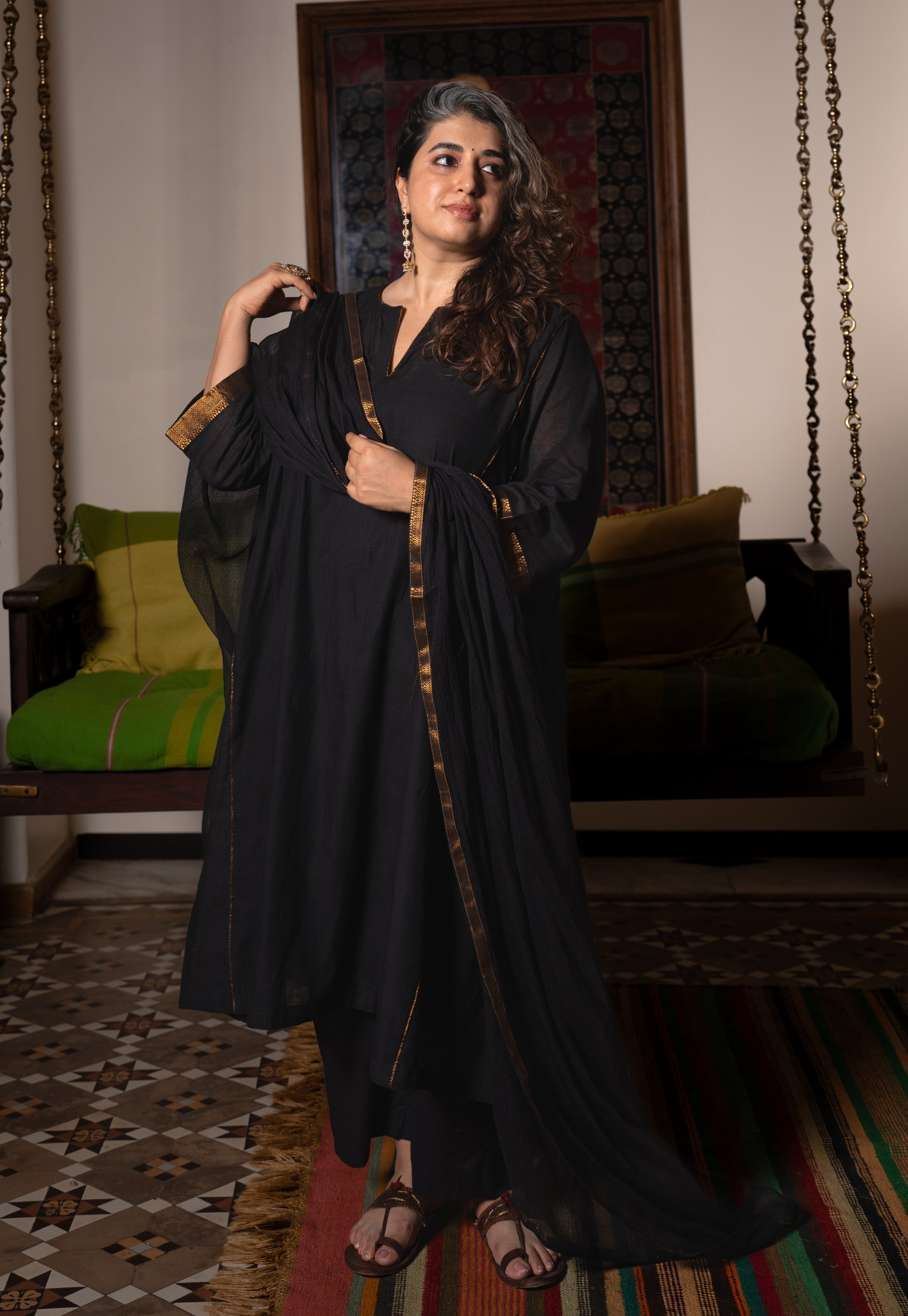 Nyra Black Mangalgiri Cotton Jhabbha Kali Kurta with Nizam Border