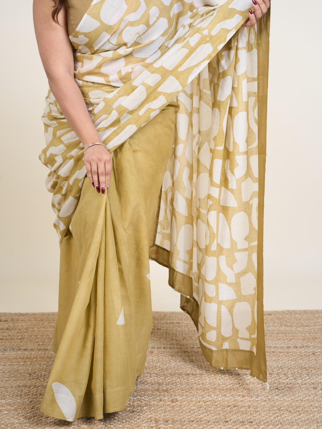 Sabiha Green Batik Hand Block Print Mul Cotton Saree with Embroidery