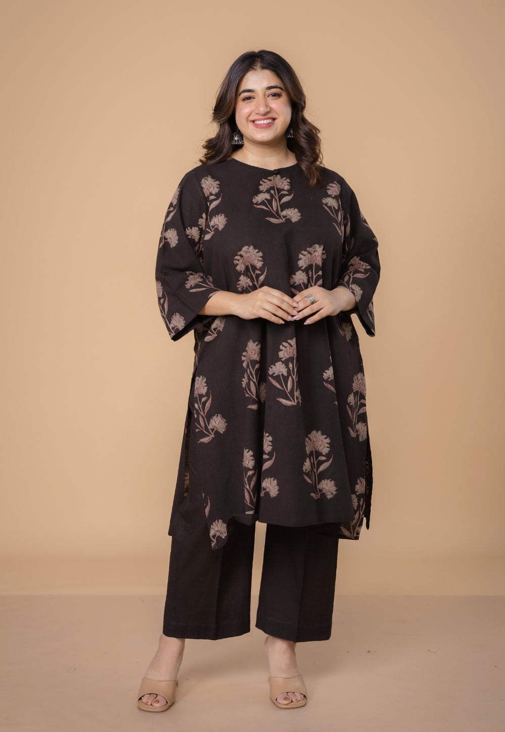 Zarina Brown Dabu Slub Cotton Straight Kurta