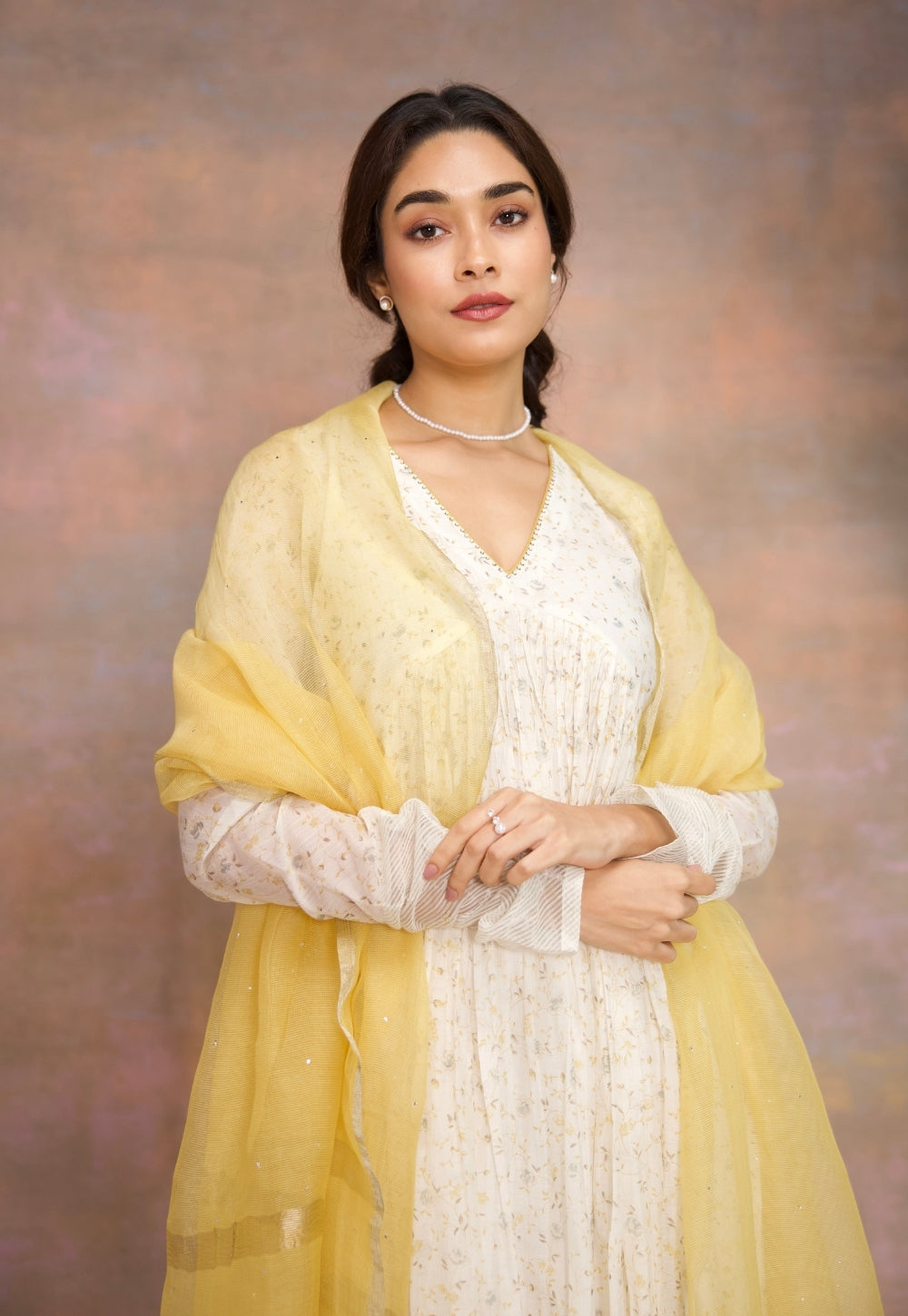 Lemon Yellow Solid Silk Net Dupatta with Mukaish Detailing