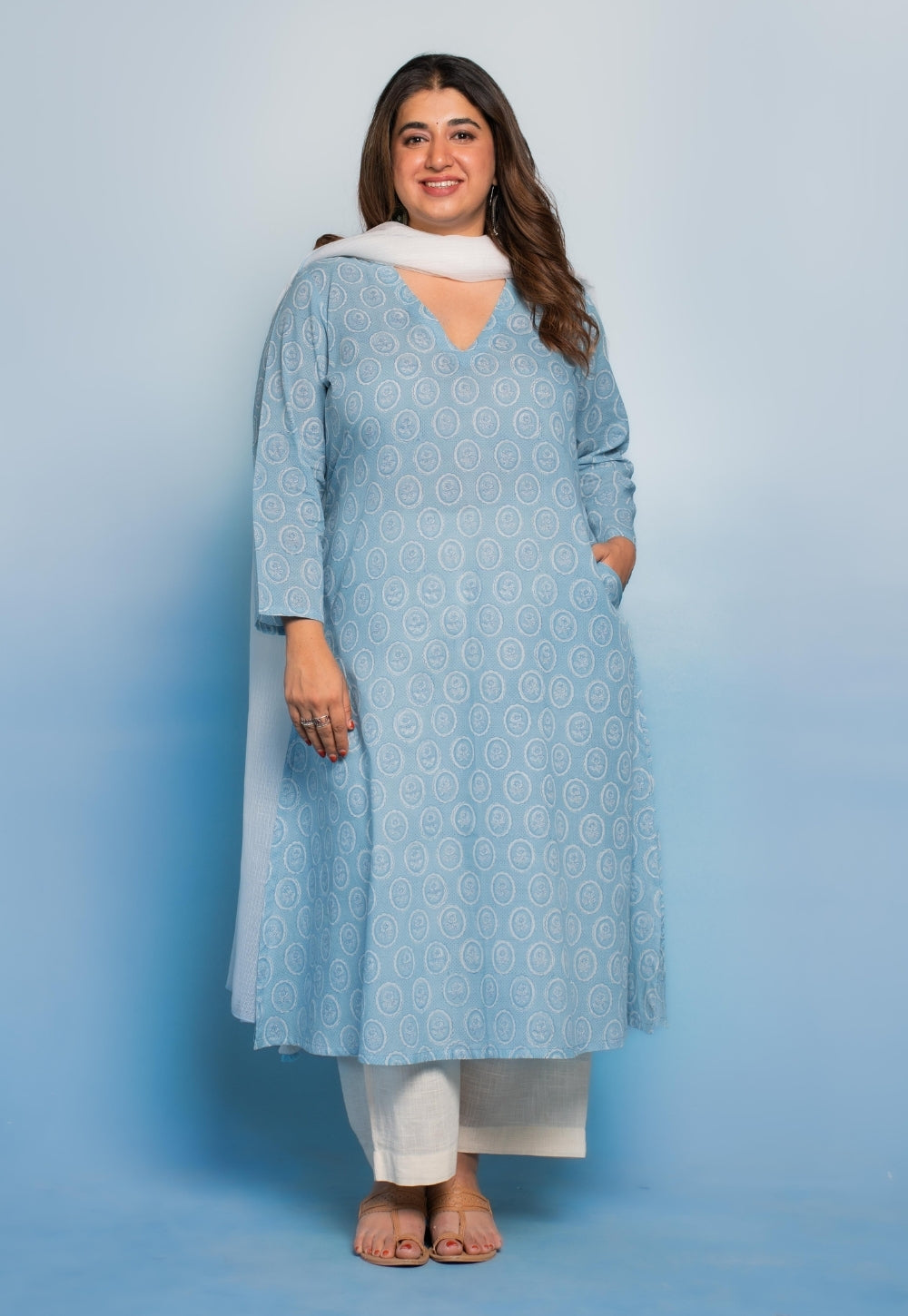 Rifaa Blue Dabu Mul Cotton A Line Kurta