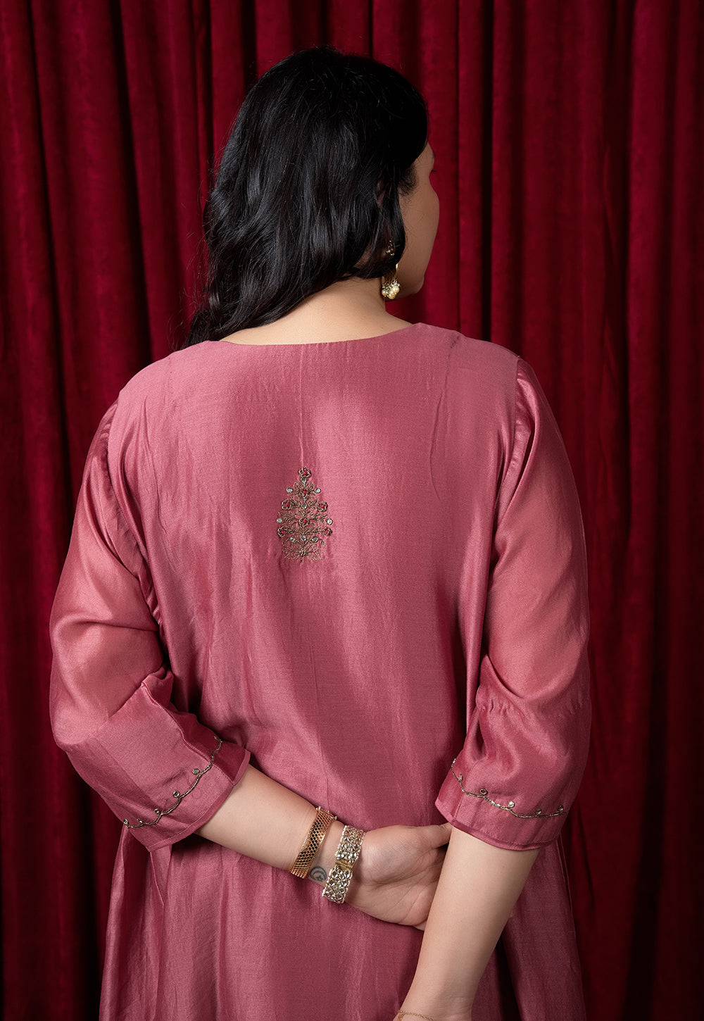 Nyra Red Solid Chanderi Silk Jhabbha Kali Kurta with Hand Embroidery