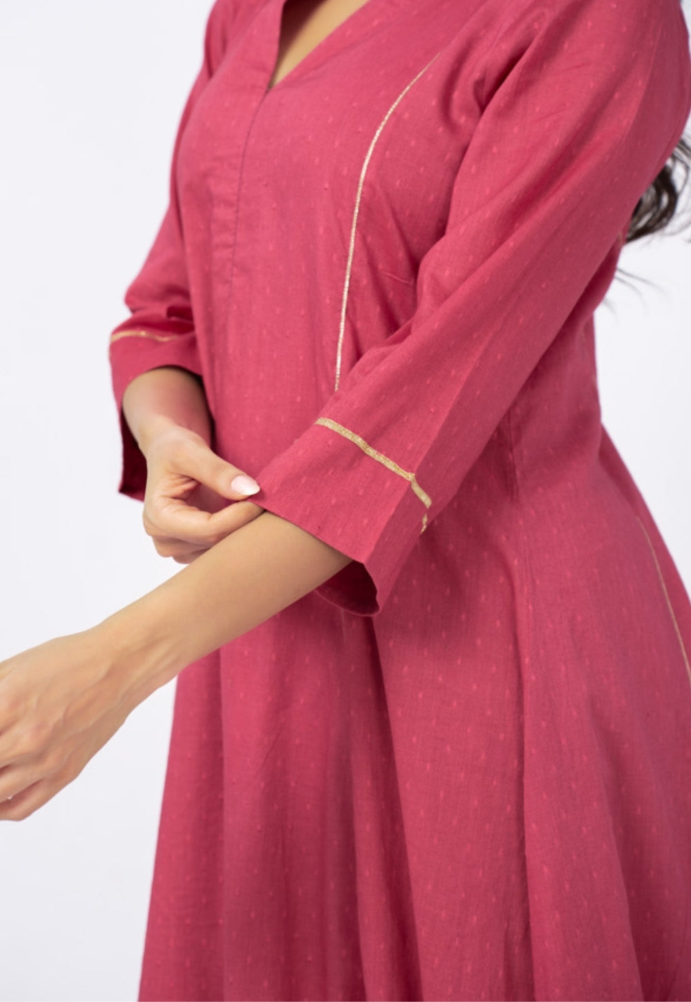 Huma Pink Solid Cotton Kali Kurta Suit Set with Solid Dupatta (Set of 3)