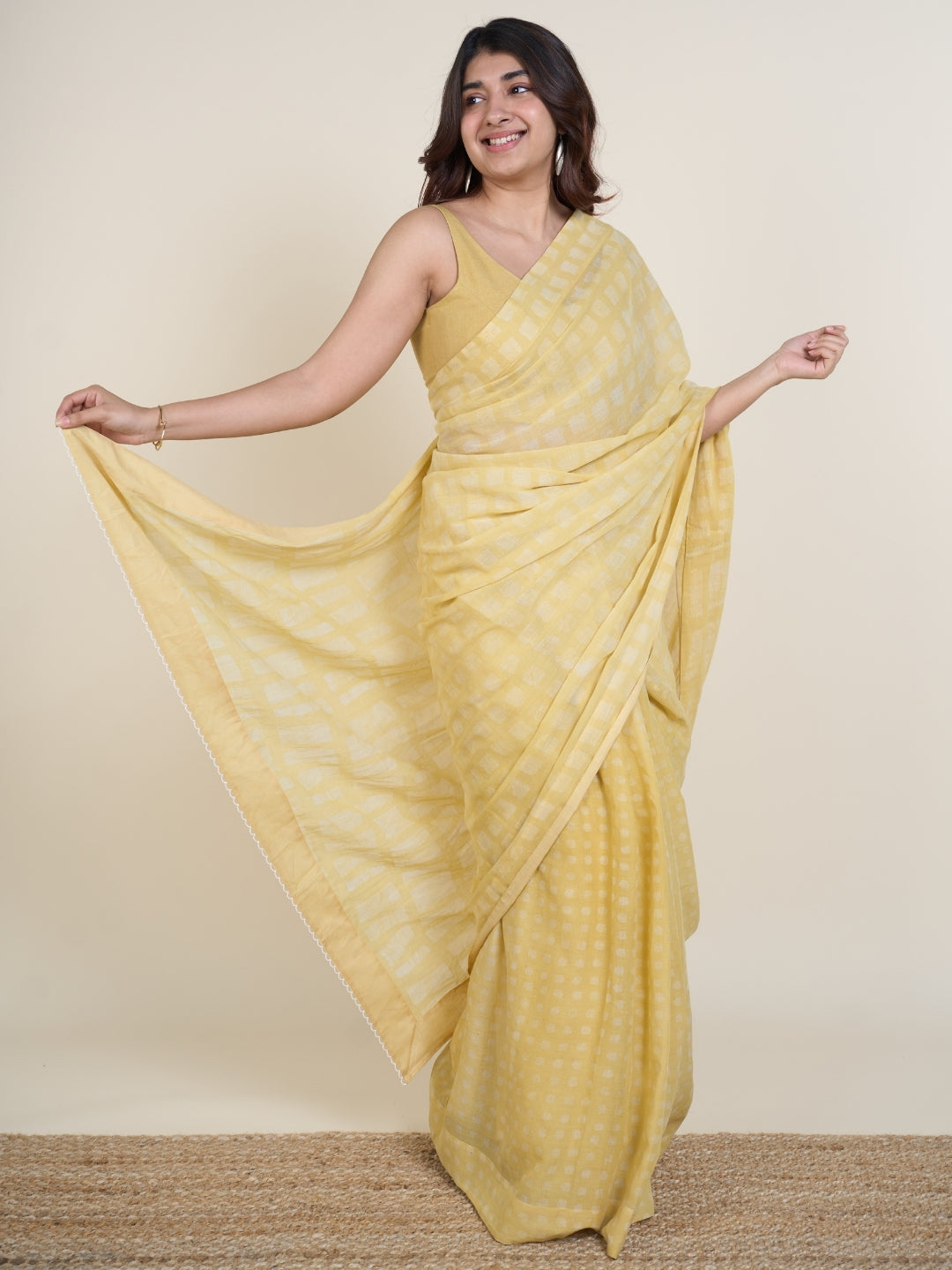 Ramisha Yellow Batik Hand Block Print Mul Cotton Saree with Embroidery