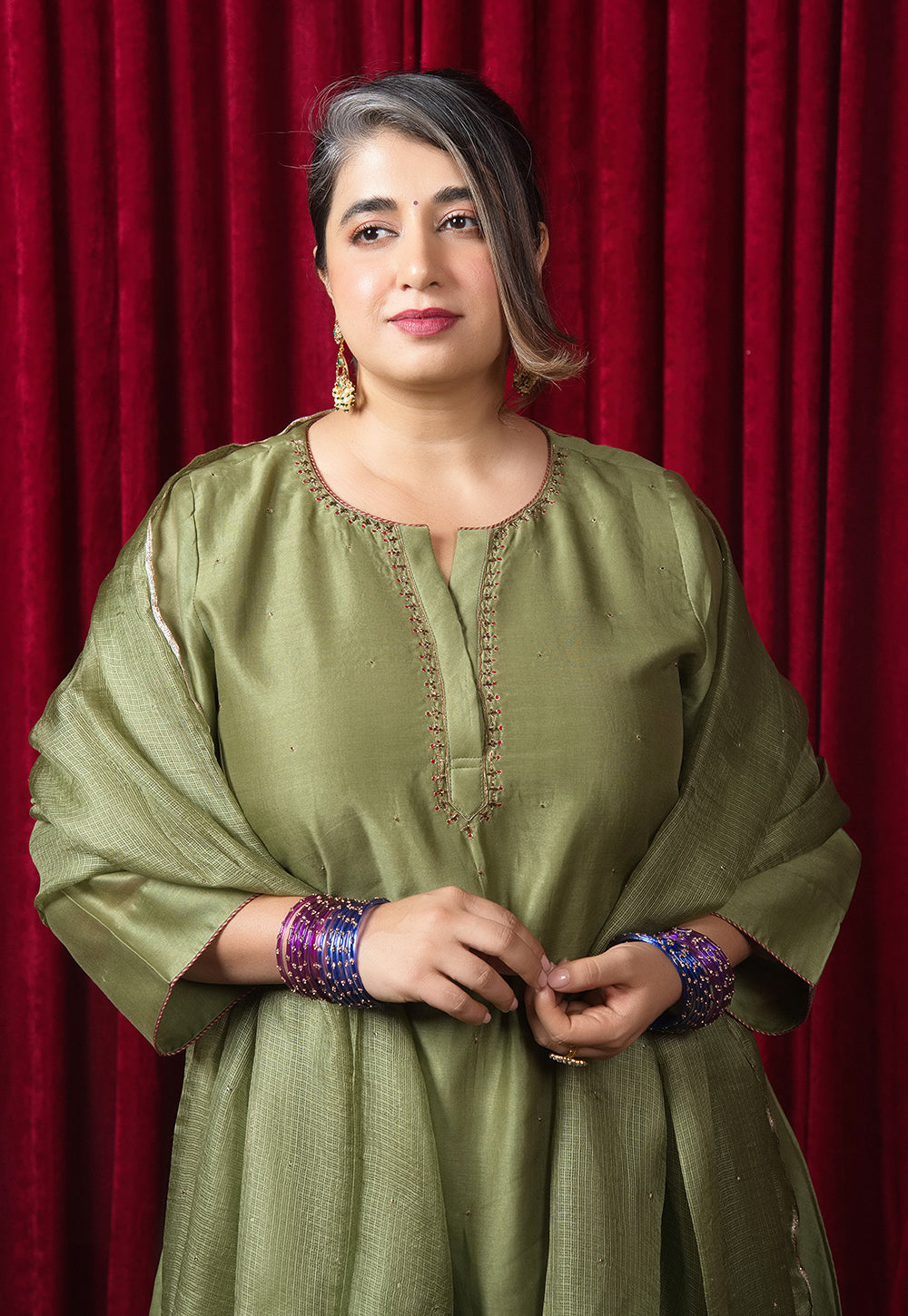 Reva Green Solid Chanderi Silk A Line Kurta with Hand Embroidery