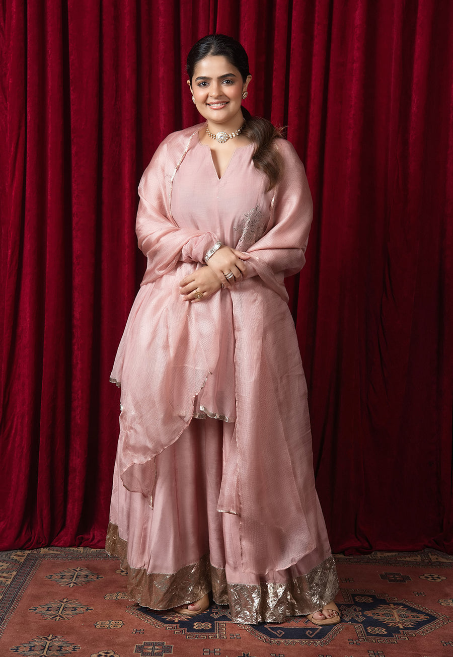 Manya Pink Solid Chanderi Silk Kali Kurta with Hand Embroidery