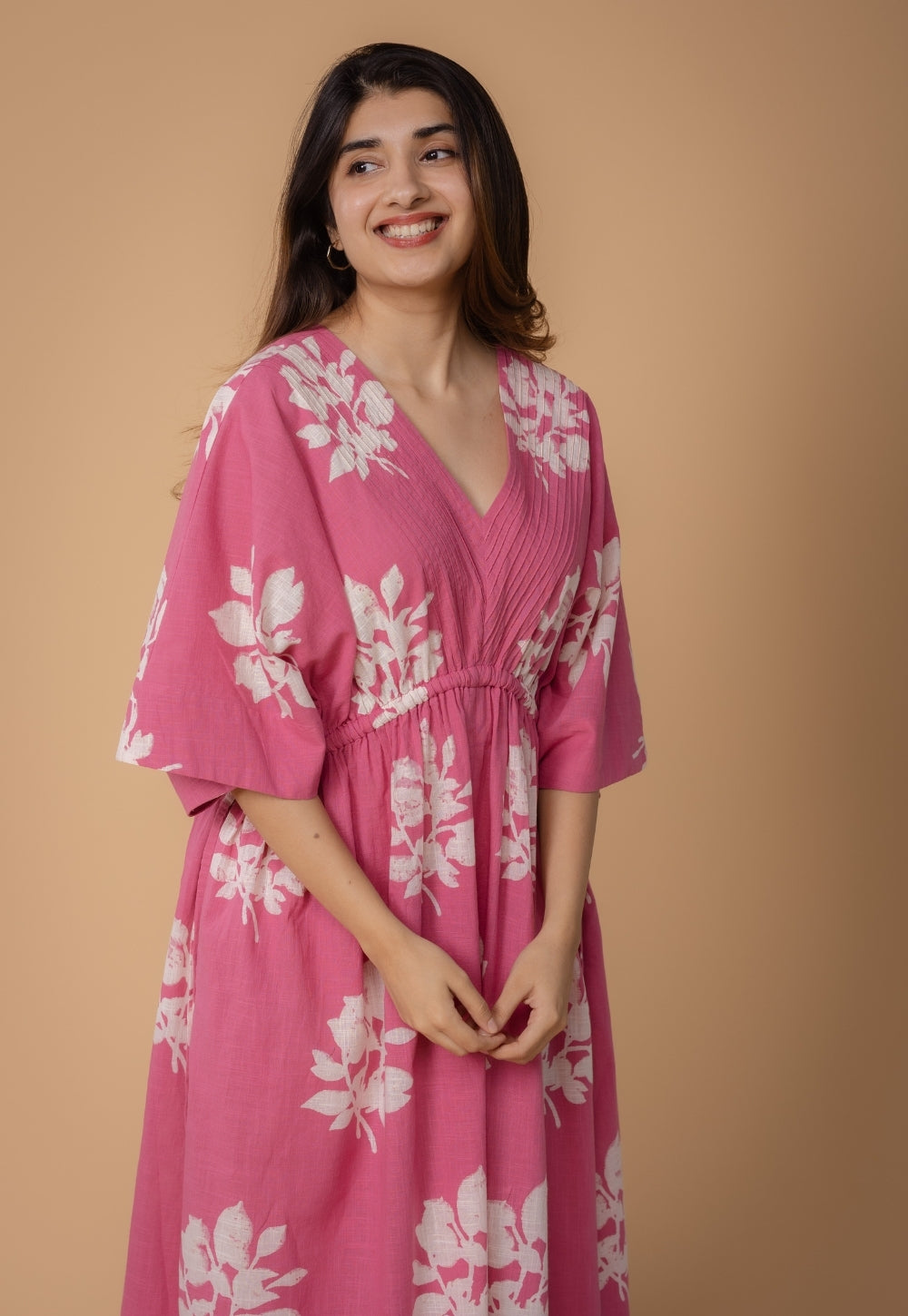 Jiana Pink Dabu Slub Cotton Kaftan Dress
