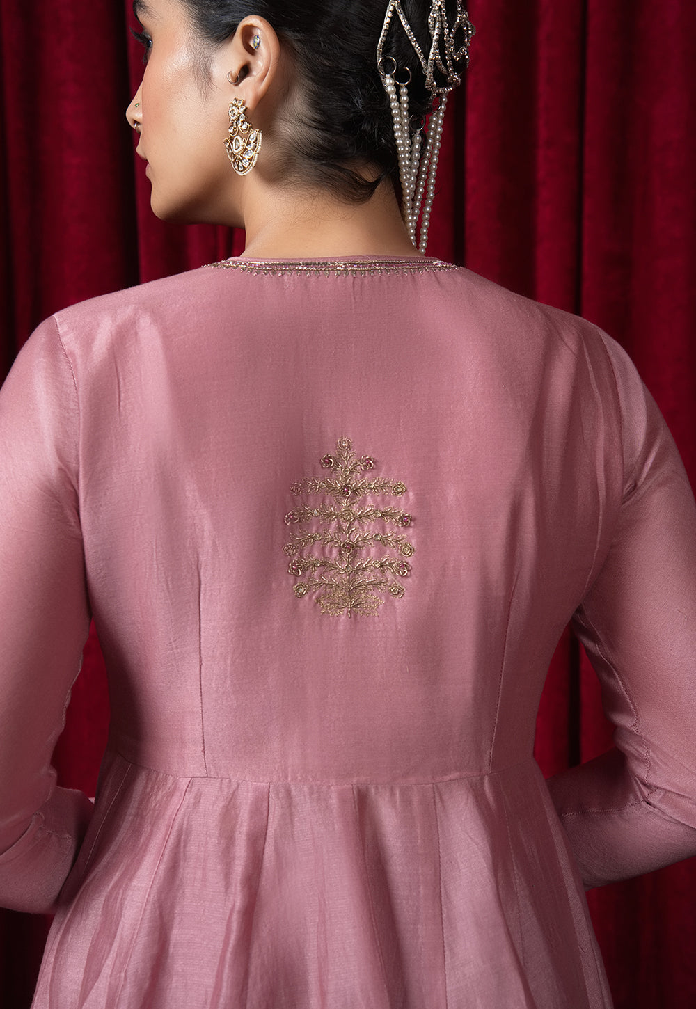 Husna Pink Solid Chanderi Silk Kali Kurta with Hand Embroidery