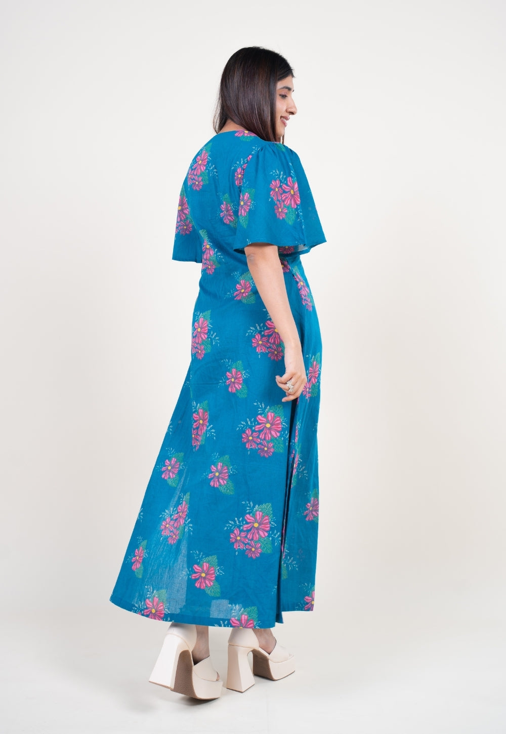 Nitya Ink Blue Printed Mul A Line Dress with Slip