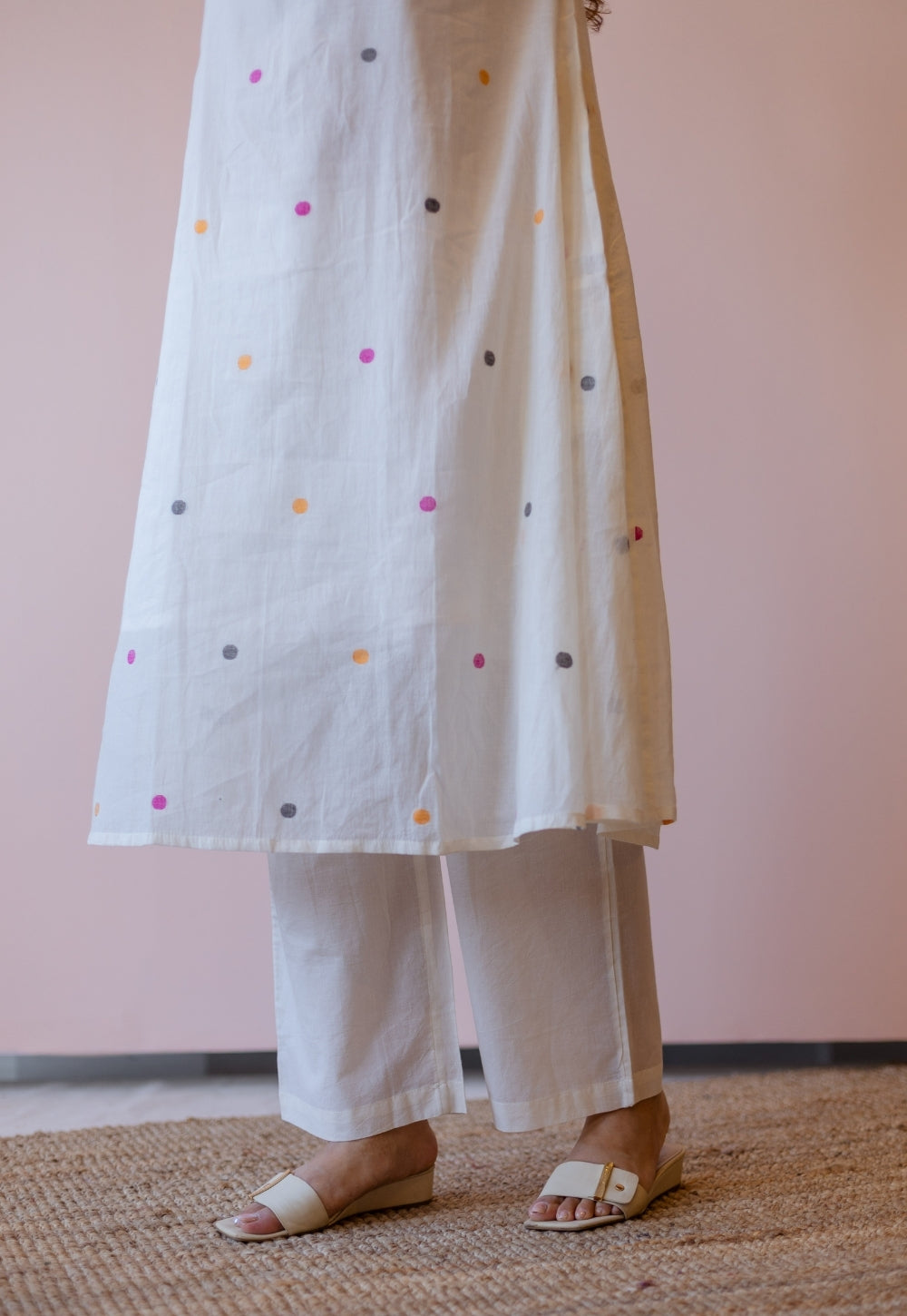 Kusum Off White Jamdani Handloom Cotton A Line Kurta