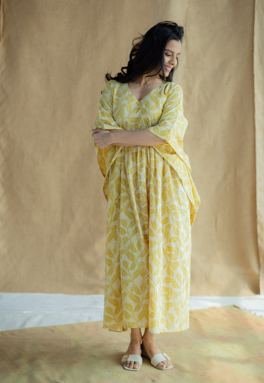 Ifrah Mustard Hand Block Print Slub Cotton Anti-Fit Kaftan