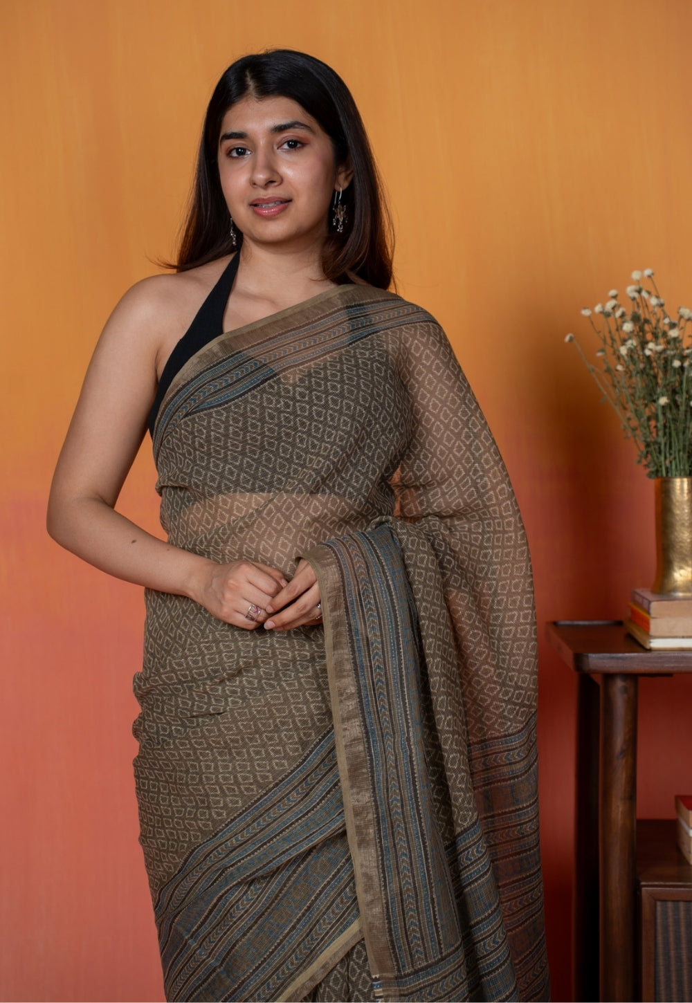 Grey Floral Border Ajrakh Hand Block Print Kota Doria Cotton Saree