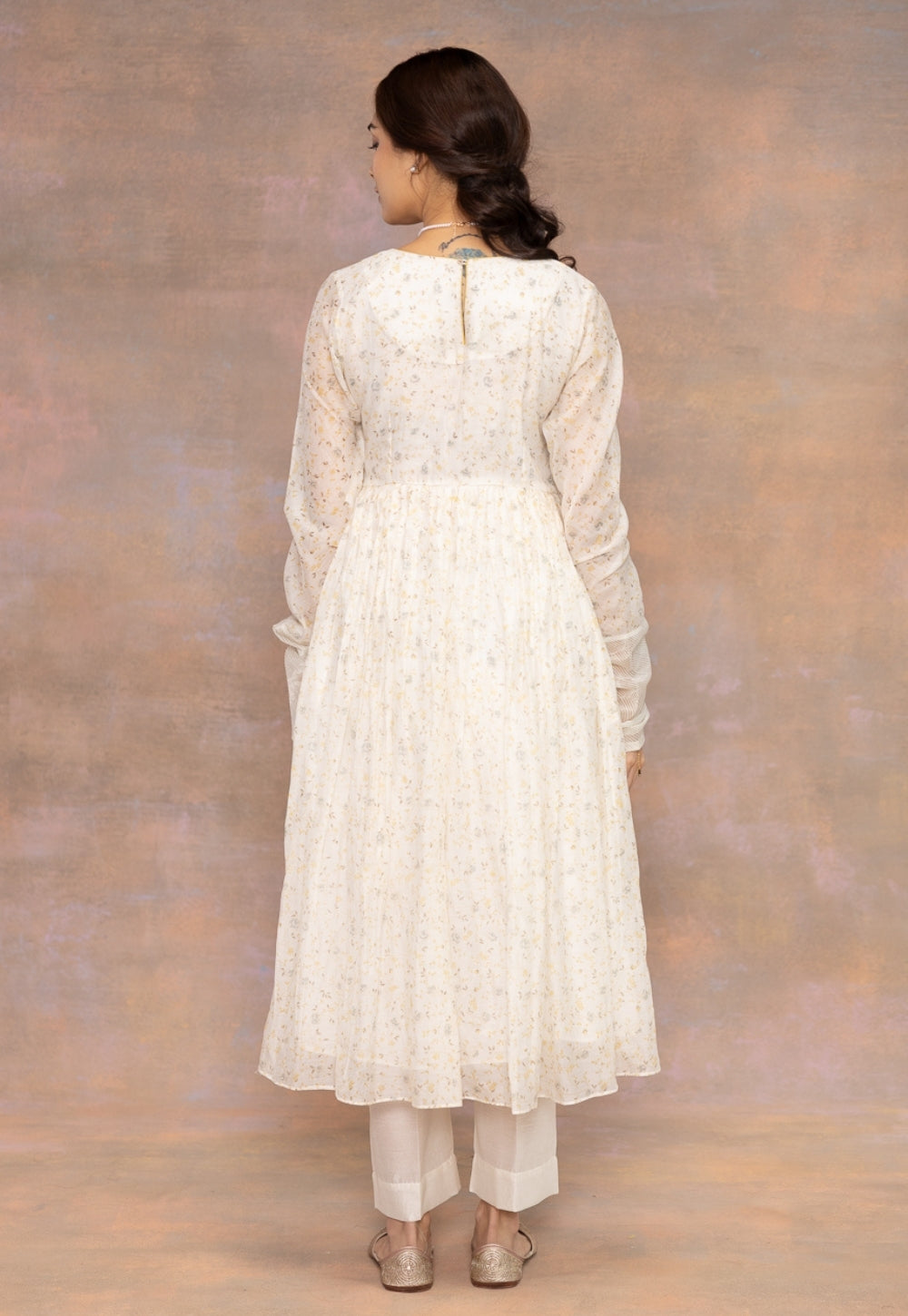 Rois White Sanganeri Chanderi Silk A Line Kurta with Hand Embroidery