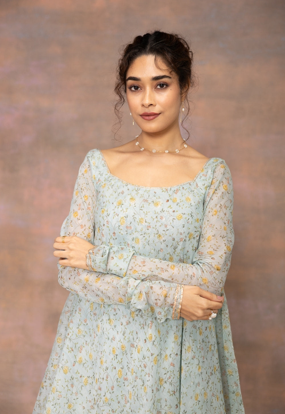 Rosalie Blue Sanganeri Chanderi Silk A Line Kurta with Lace Detailing