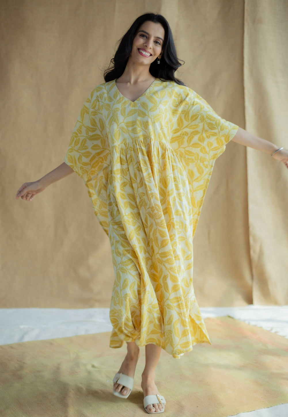 Ifrah Mustard Hand Block Print Slub Cotton Anti-Fit Kaftan