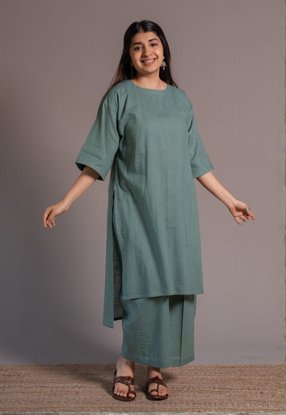 Dusty Teal Solid Slub Cotton Co-Ord Set - DyeVerse