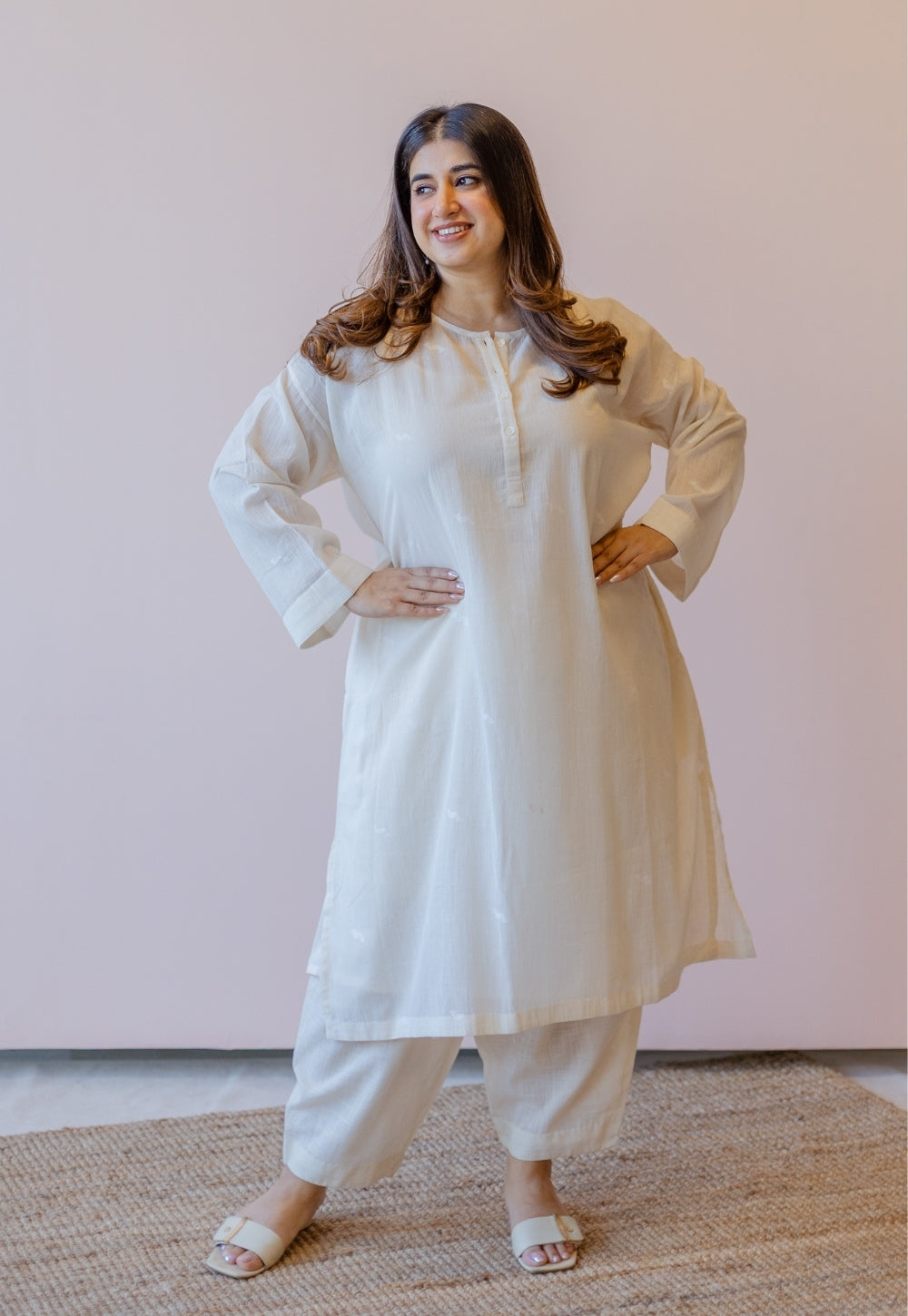 Naina Off White Jamdani Handloom Cotton Anti-Fit Kurta
