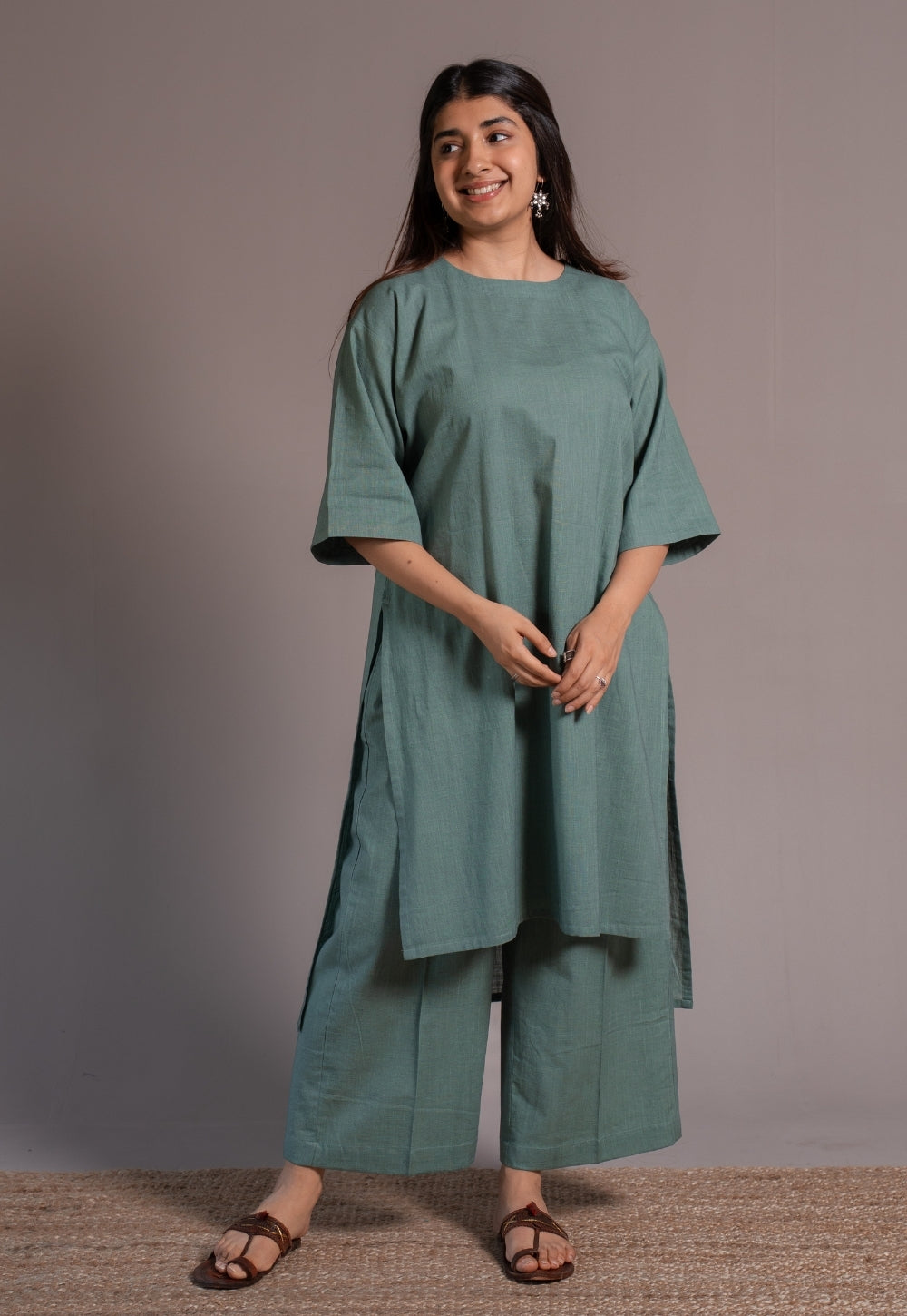 Dusty Teal Solid Slub Cotton Co-Ord Set - DyeVerse