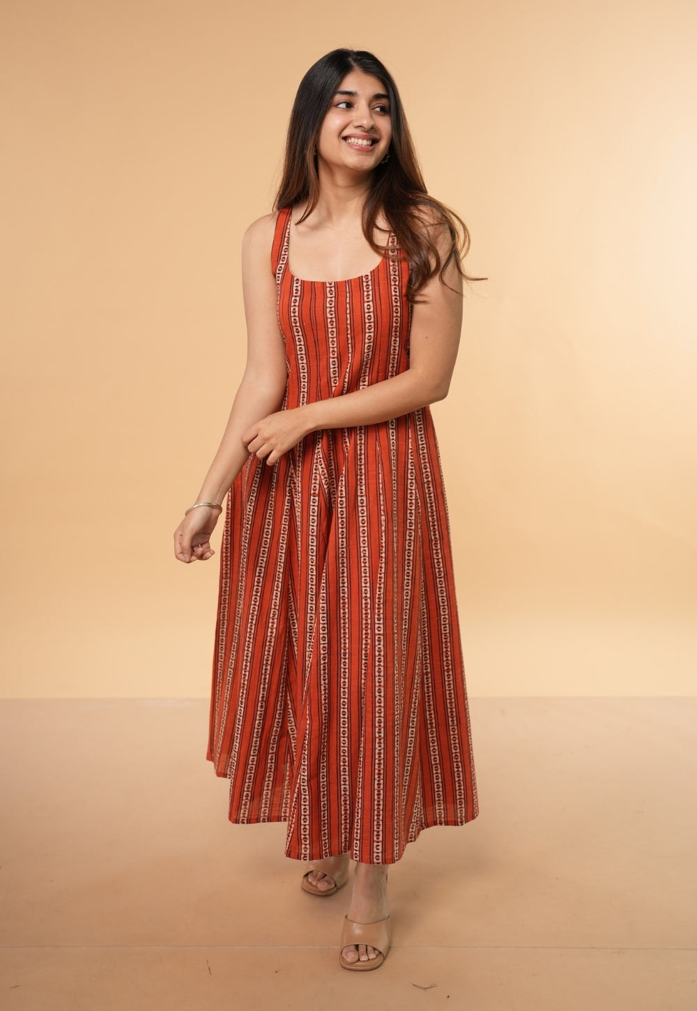 Arya Orange Dabu Slub Cotton A Line Dress