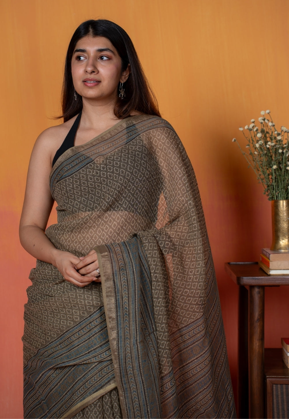 Grey Floral Border Ajrakh Hand Block Print Kota Doria Cotton Saree
