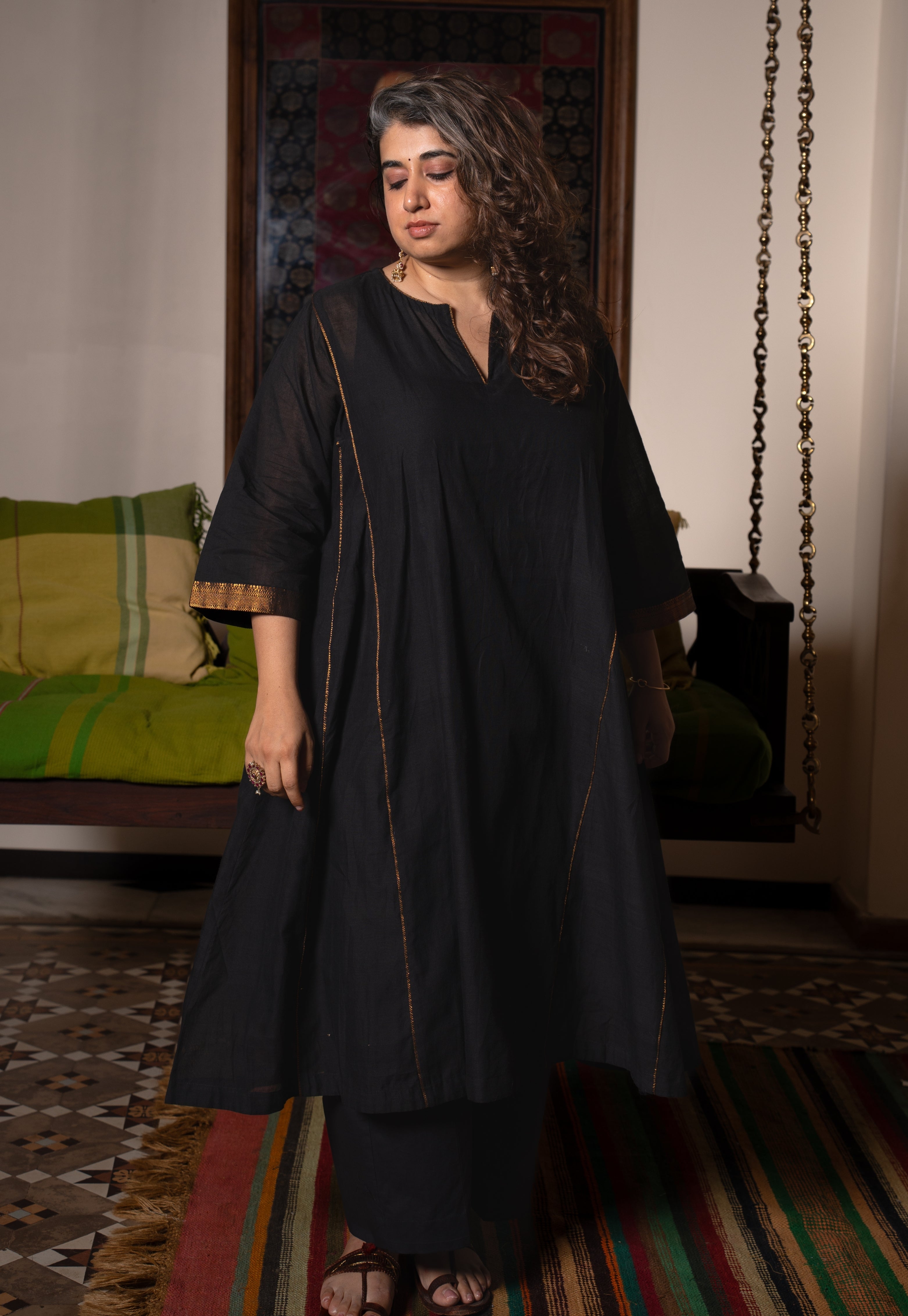 Nyra Black Mangalgiri Cotton Jhabbha Kali Kurta with Nizam Border