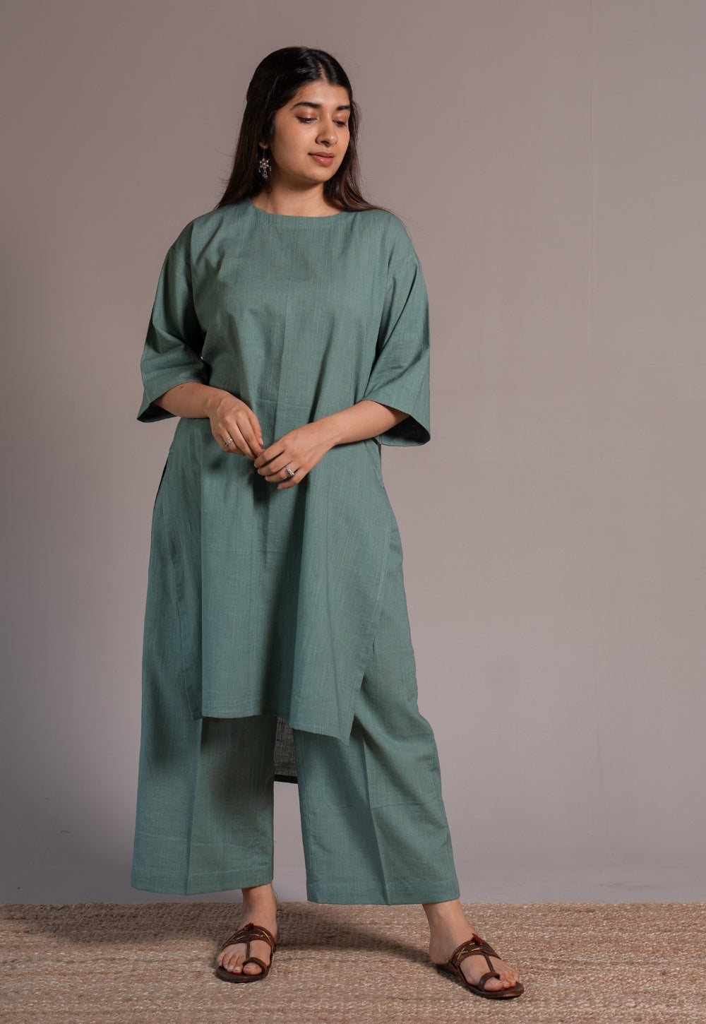 Dusty Teal Solid Slub Cotton Palazzo - DyeVerse