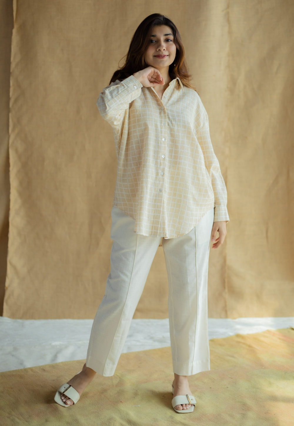 Ruhi Cream Hand Block Print Slub Cotton Anti-Fit Shirt