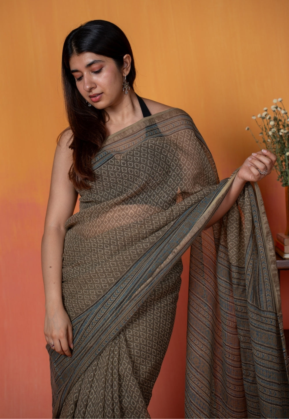 Grey Floral Border Ajrakh Hand Block Print Kota Doria Cotton Saree