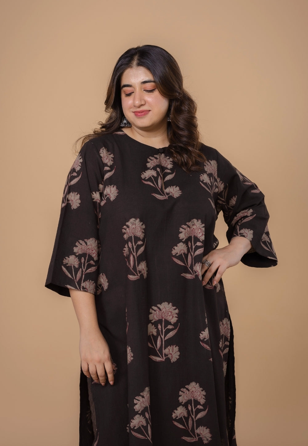 Zarina Brown Dabu Slub Cotton Straight Kurta