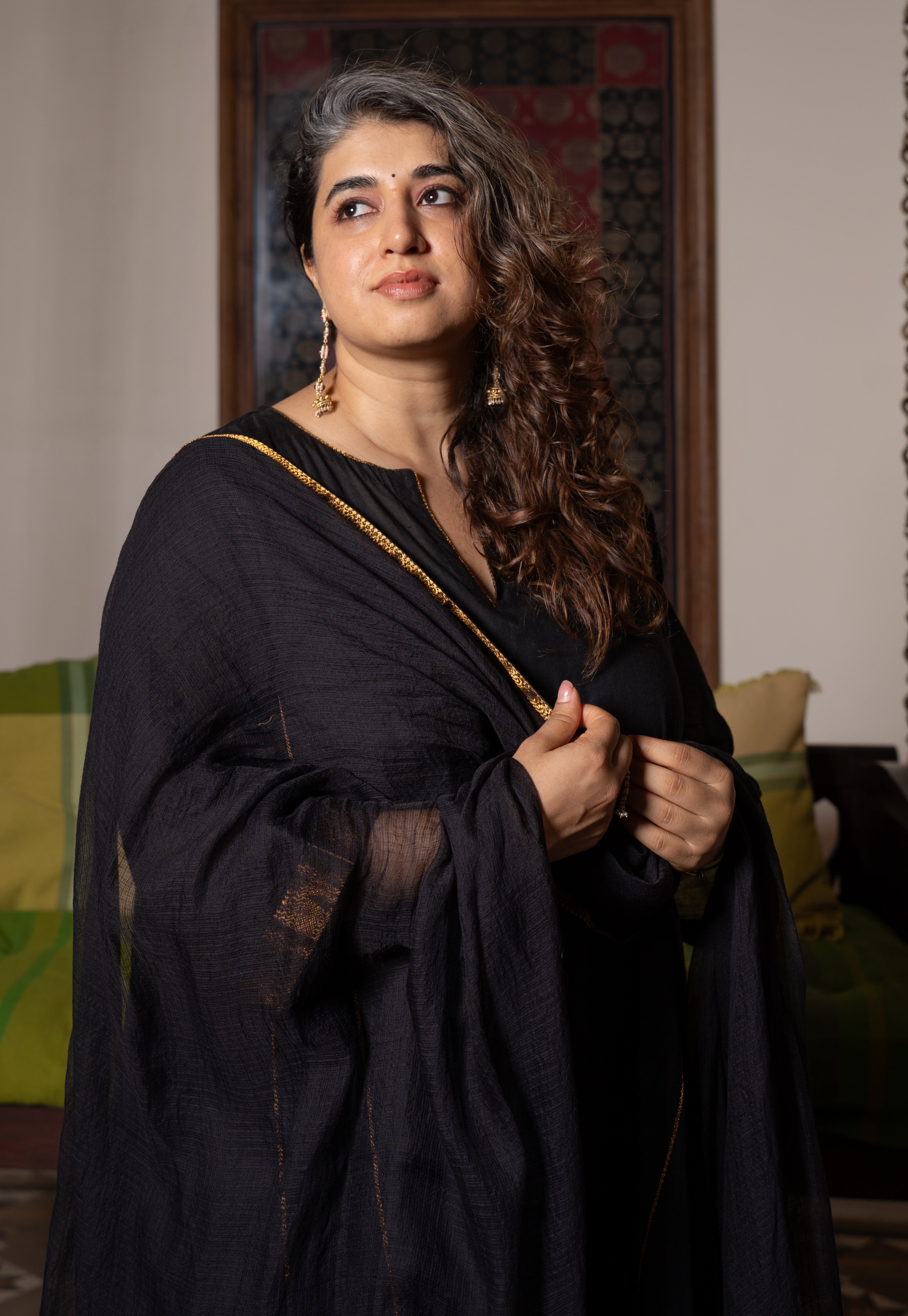 Nyra Black Mangalgiri Cotton Jhabbha Kali Kurta with Nizam Border