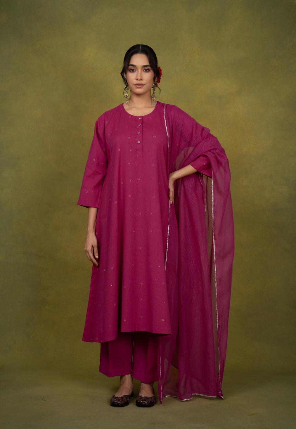 Alizah Pink Rogan Handblock Printed Cotton Jhabbha Kali Suit Set (Set of 3)