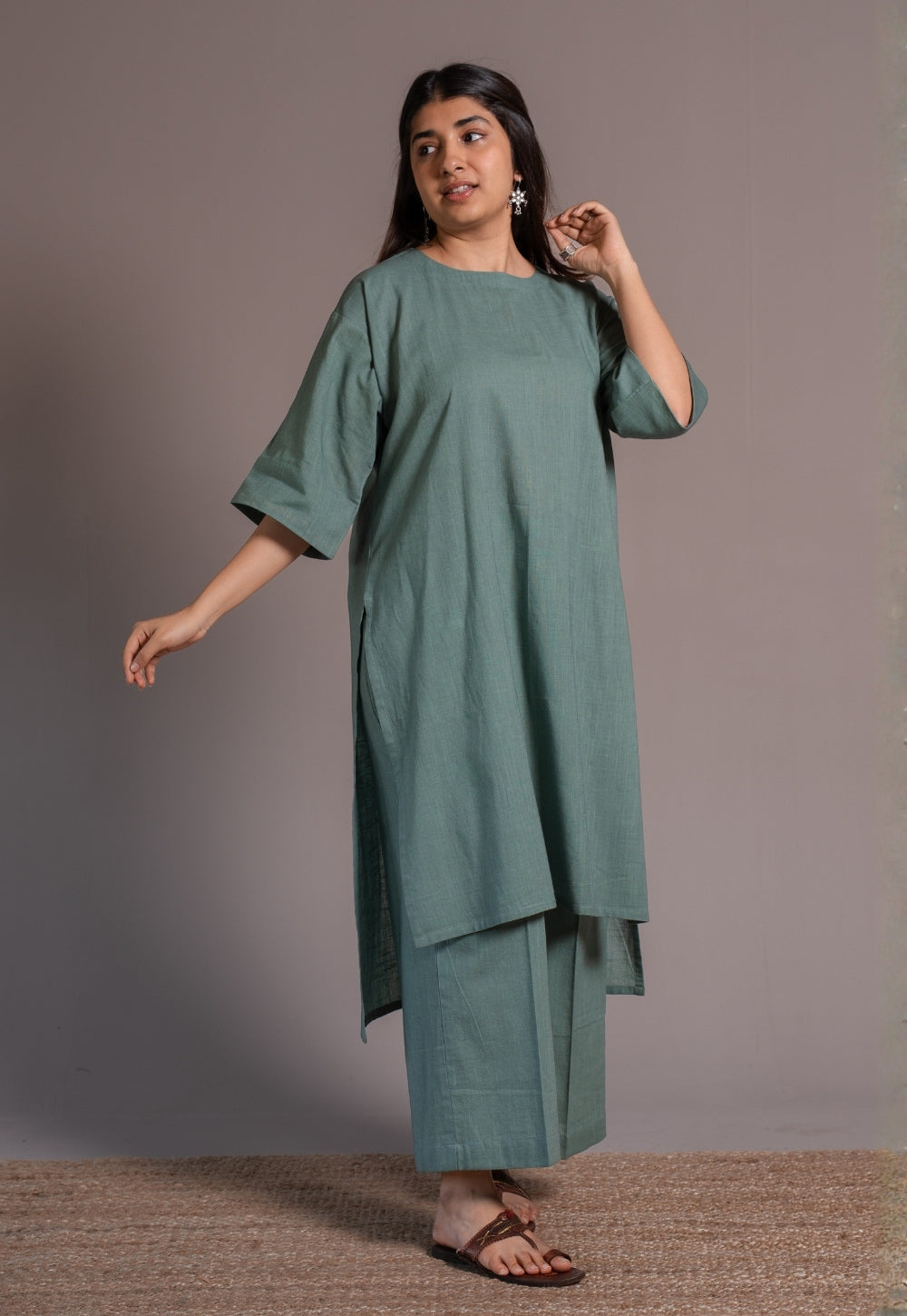Dusty Teal Solid Slub Cotton Straight Kurta - DyeVerse